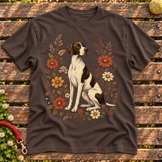 Pointer surrounded by wildflowers on a Dark Chocolate T-shirt