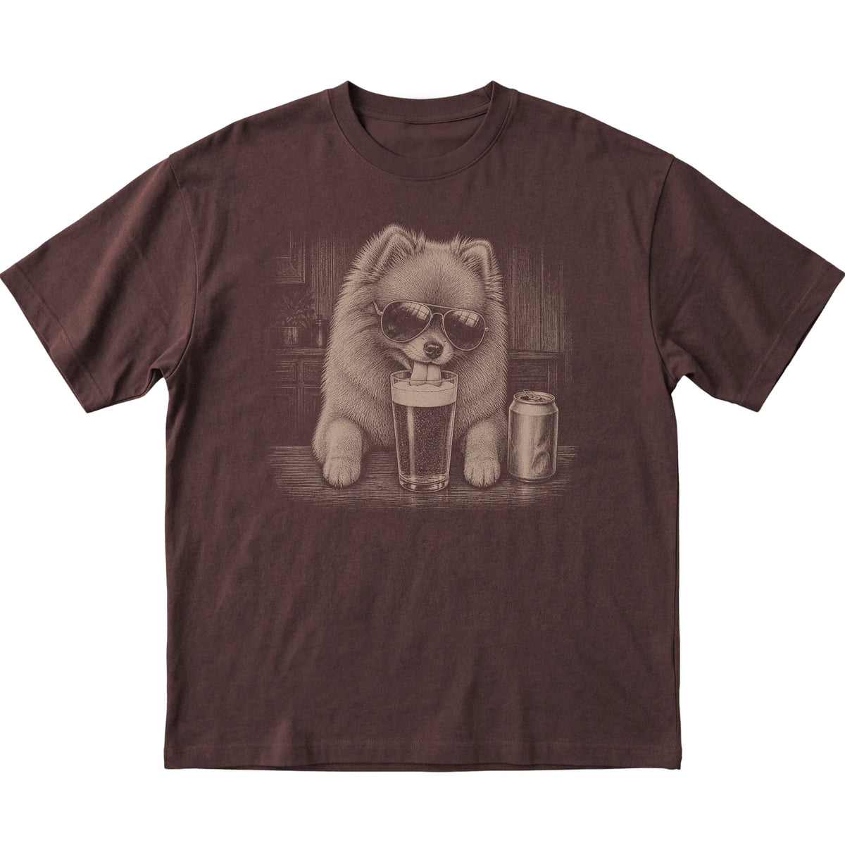 Dark Chocolate Pomeranian drinking from a pint at a bar, laid flat