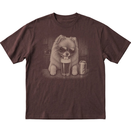 Dark Chocolate Pomeranian drinking from a pint at a bar, laid flat