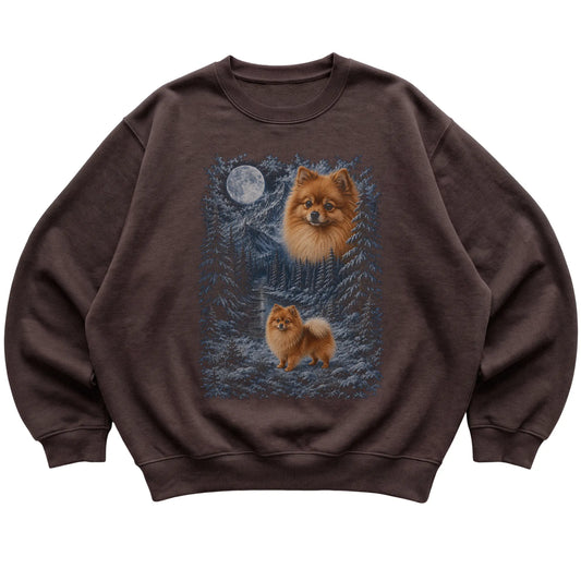 Pomeranian Forest Moon Sweatshirt in Dark Chocolate