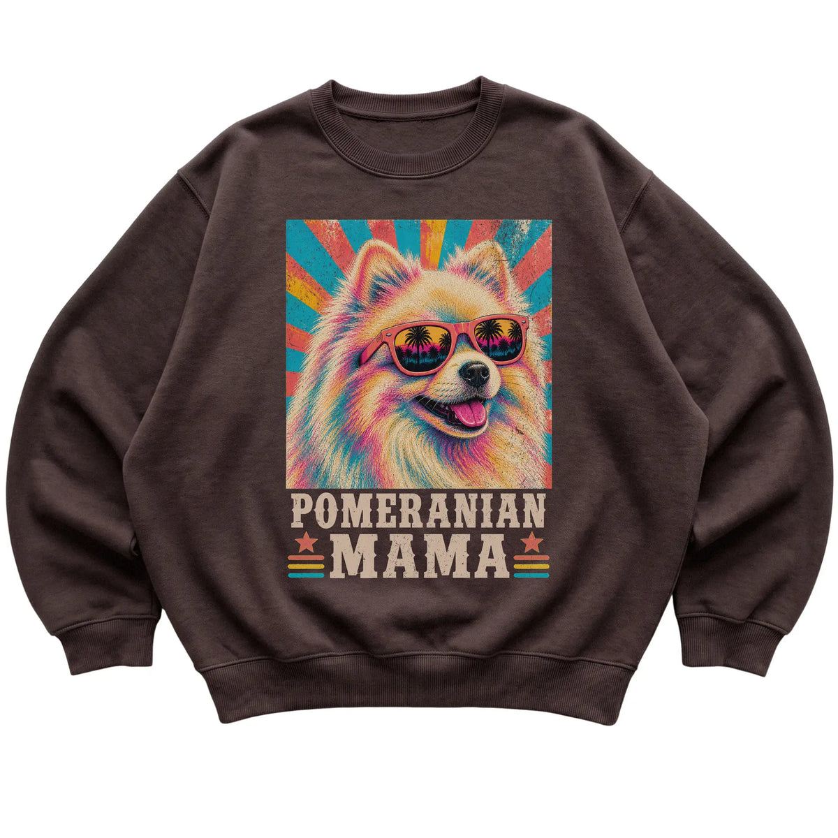 Retro Pomeranian Mama design on a Dark Chocolate crewneck sweatshirt