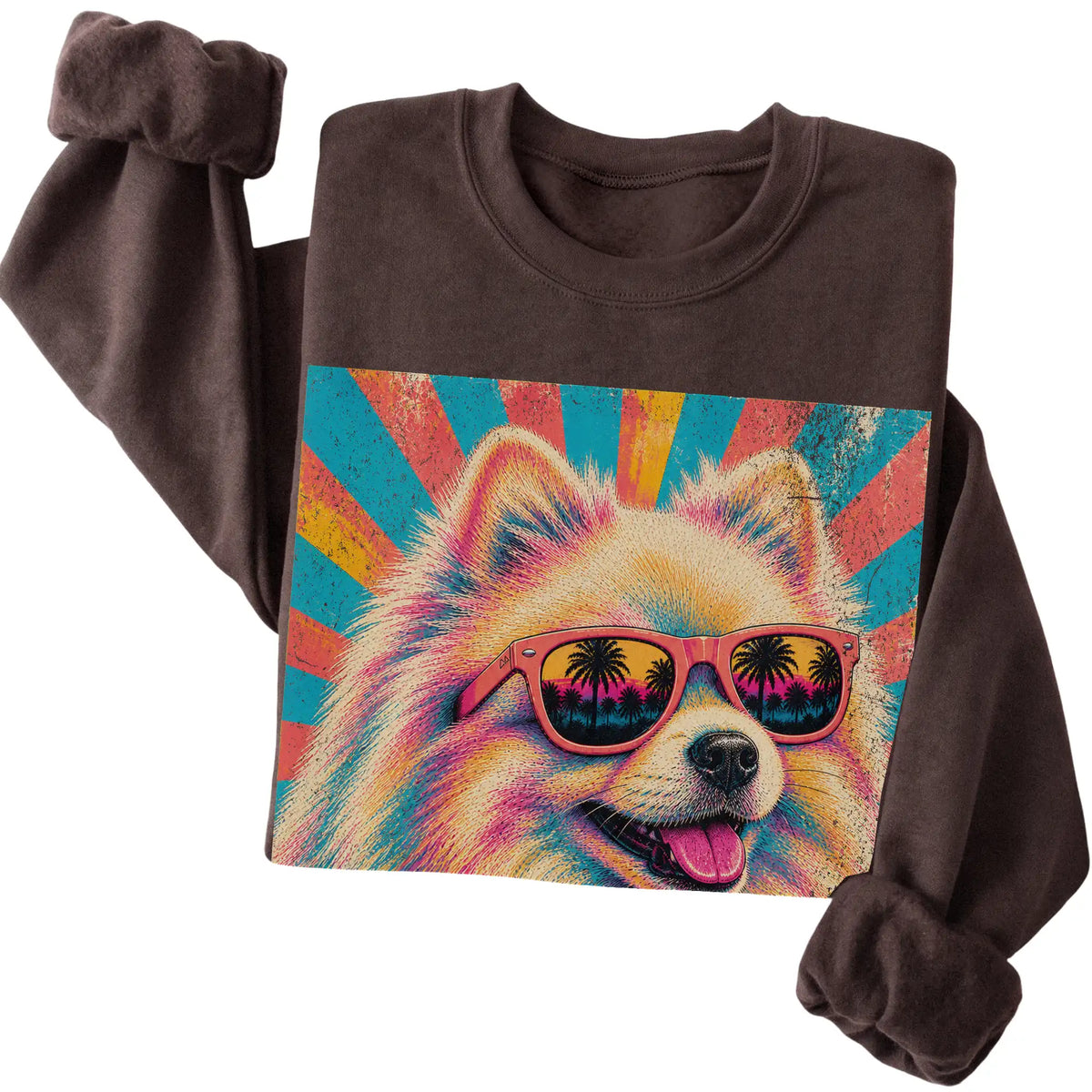 Folded Dark Chocolate crewneck sweatshirt with a Retro Pomeranian Mama design