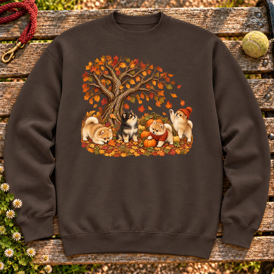 Four Pomeranian puppies with pumpkins beneath an autumn tree on a Dark Chocolate crewneck sweatshirt