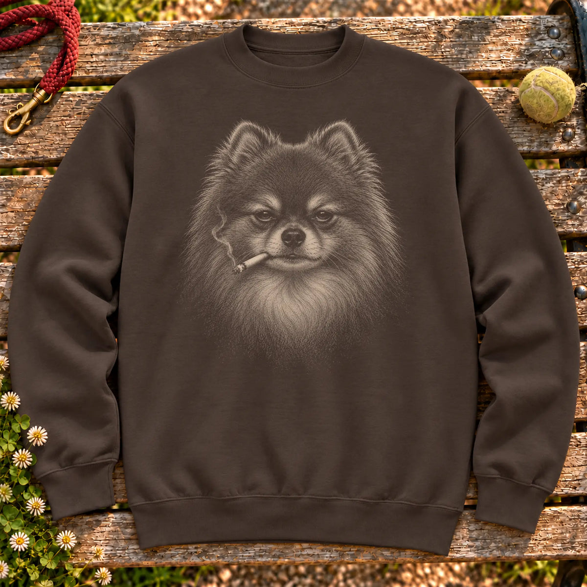 Pomeranian smoking design on a Dark Chocolate sweatshirt