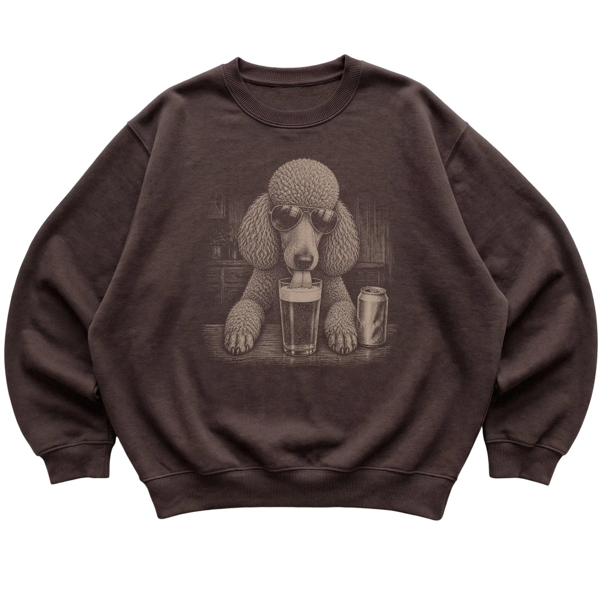 Dark Chocolate Poodle drinking from a pint at a bar, laid flat