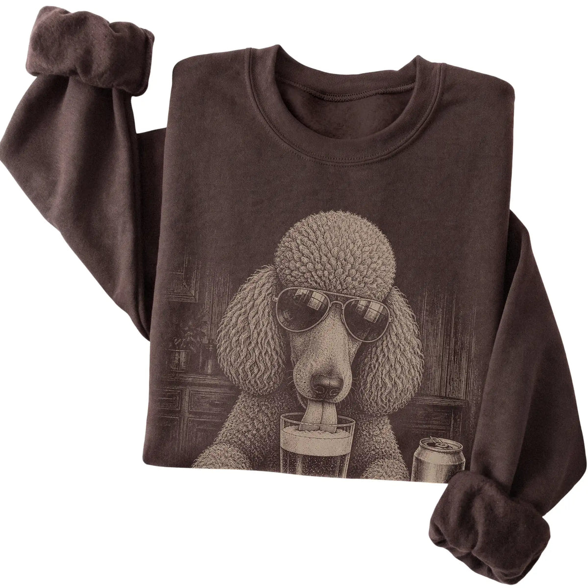 Dark Chocolate Poodle drinking from a pint at a bar, folded detail view