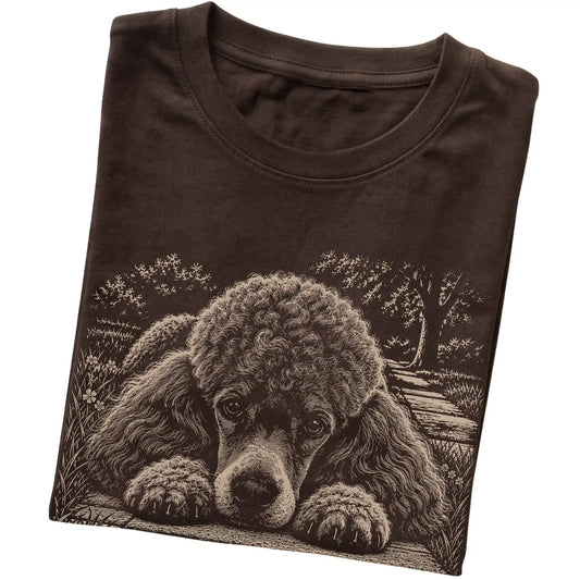 Poodle Karma Softstyle T-shirt in Dark Chocolate — Folded Detail