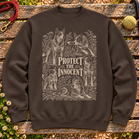 Protect the Innocent Blue Heeler design on a Dark Chocolate sweatshirt