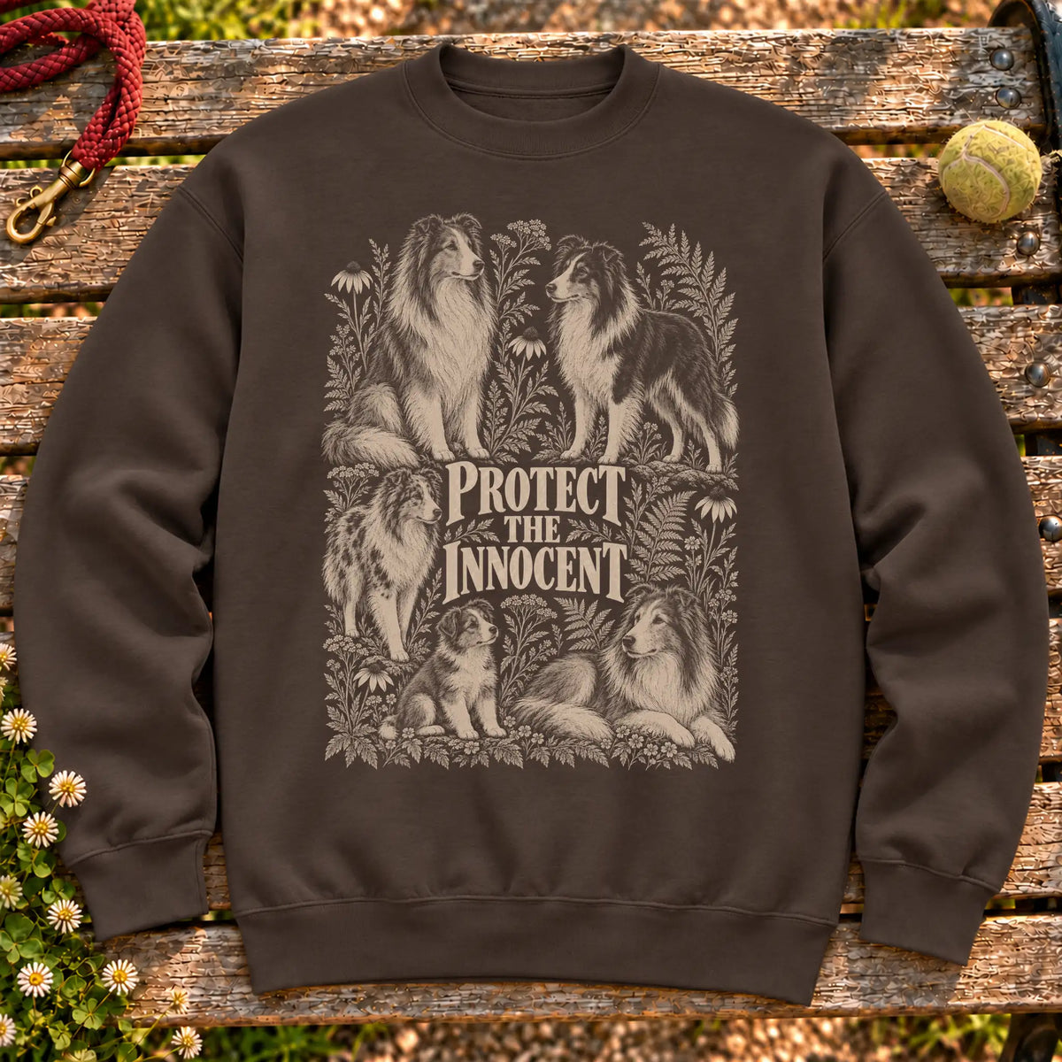 Protect the Innocent Collie design on a Dark Chocolate sweatshirt