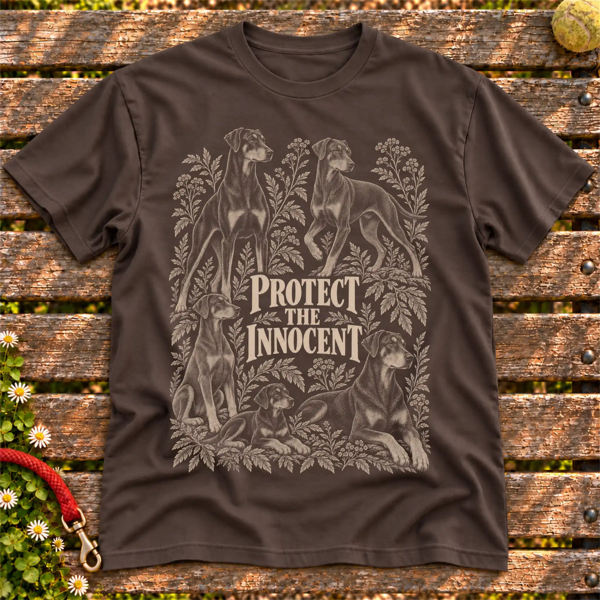 Protect the Innocent Doberman design on a Dark Chocolate T-shirt