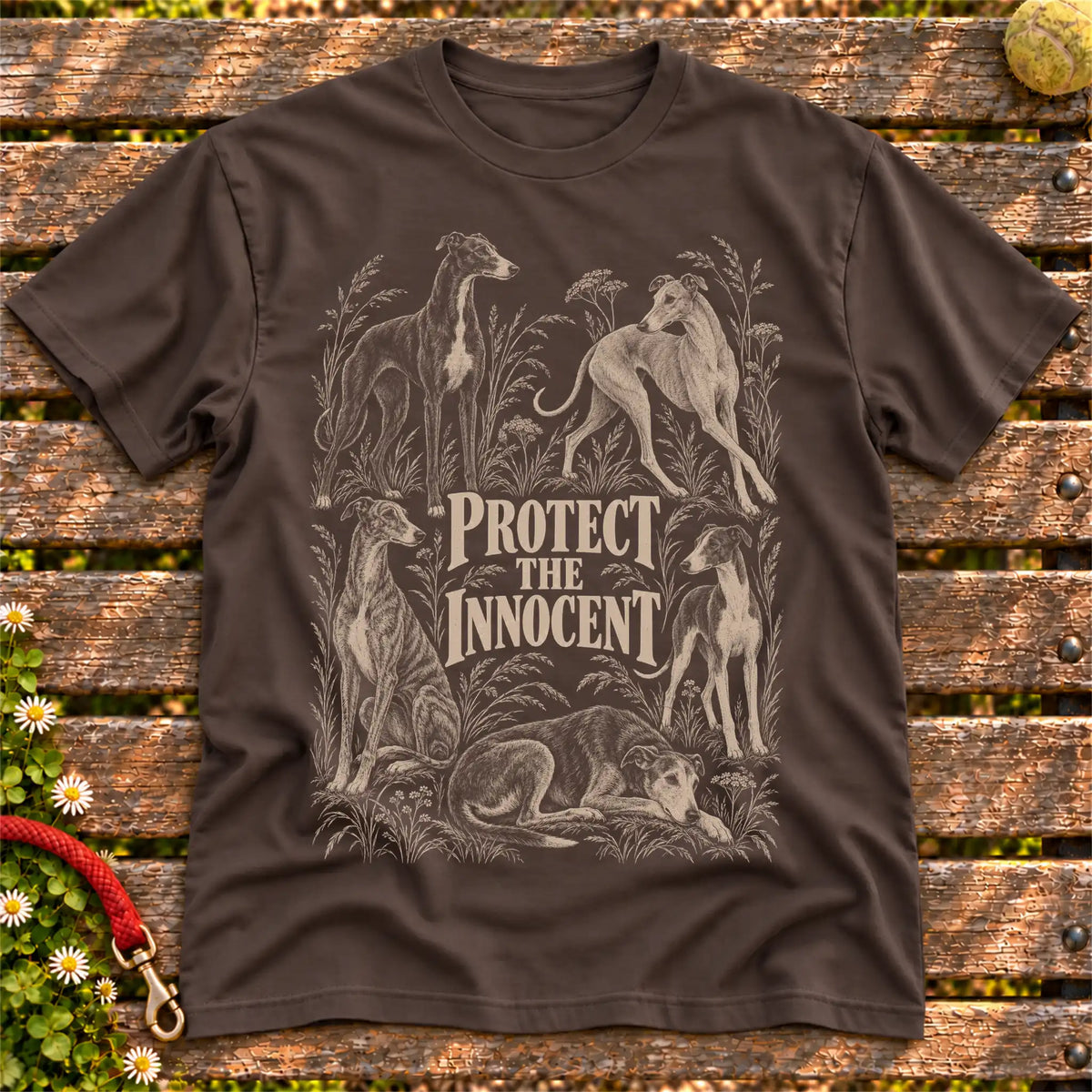 Protect the Innocent Greyhound design on a Dark Chocolate T-shirt