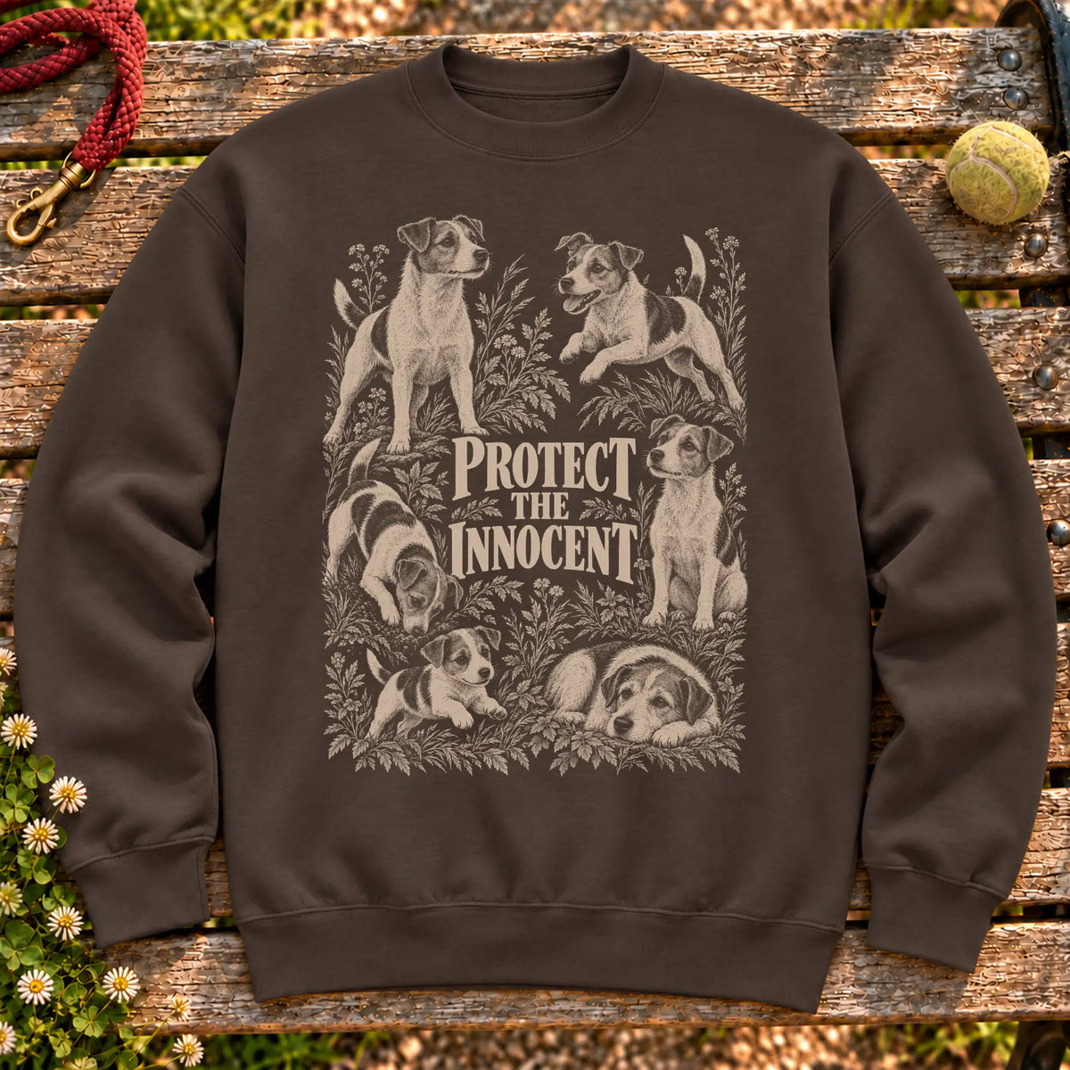 Protect the Innocent Jack Russell design on a Dark Chocolate sweatshirt