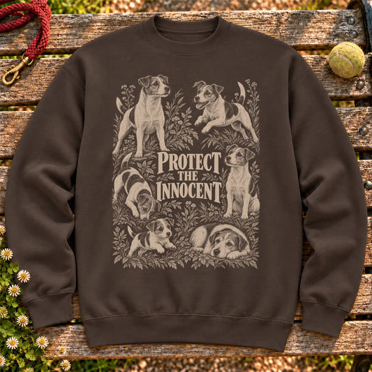 Protect the Innocent Jack Russell design on a Dark Chocolate sweatshirt