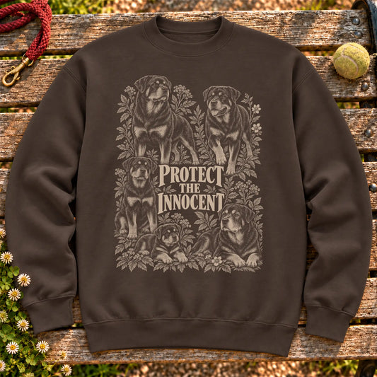 Protect the Innocent Rottweiler design on a Dark Chocolate sweatshirt