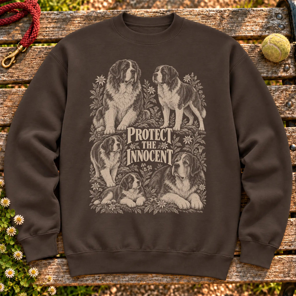 Protect the Innocent Saint Bernard design on a Dark Chocolate sweatshirt