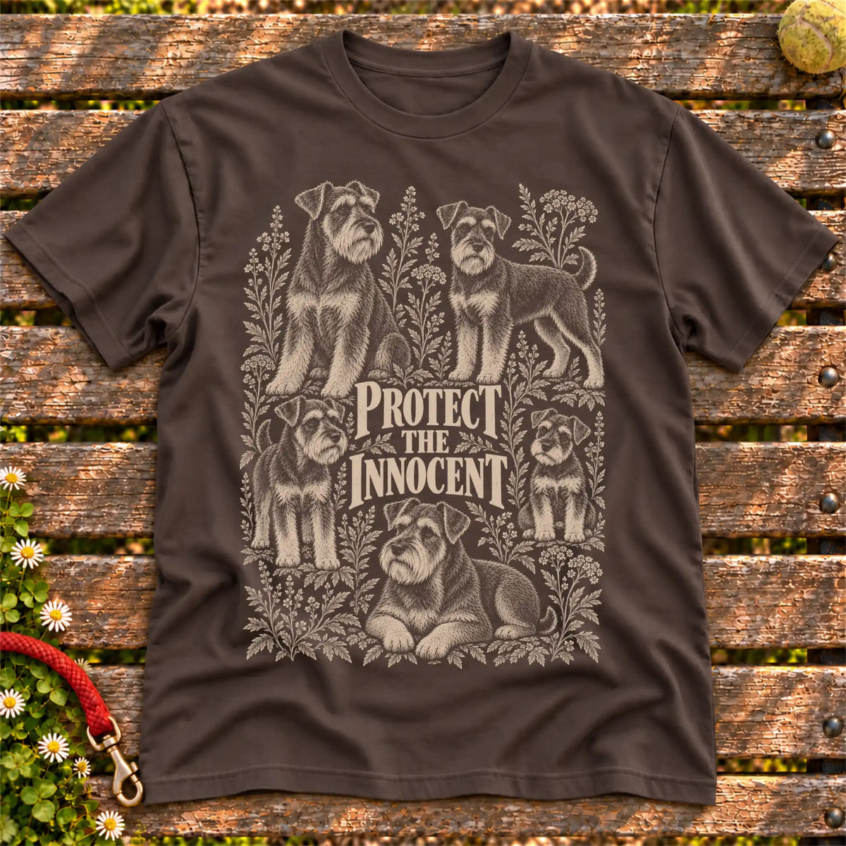 Protect the Innocent Schnauzer design on a Dark Chocolate T-shirt