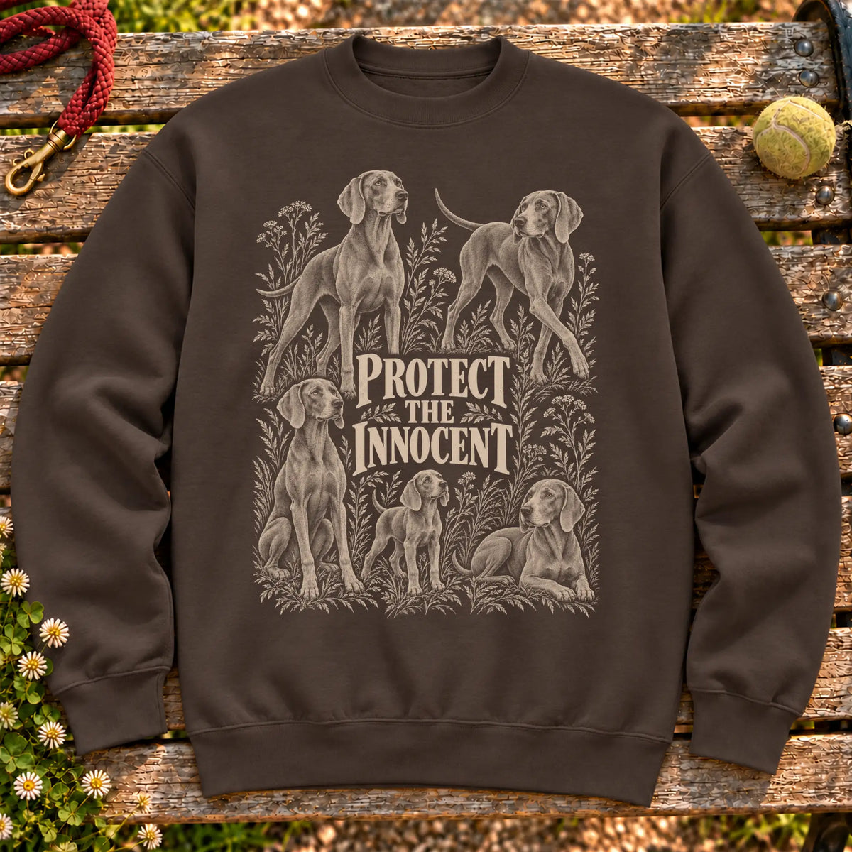 Protect the Innocent Weimaraner design on a Dark Chocolate sweatshirt