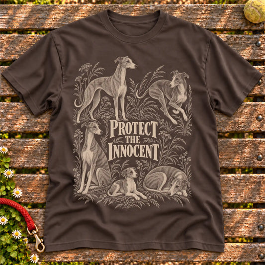 Protect the Innocent Whippet design on a Dark Chocolate T-shirt