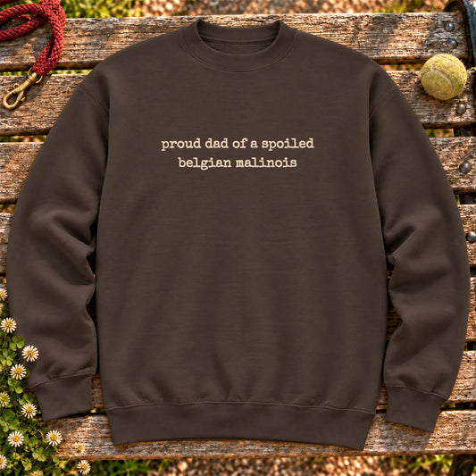 Proud Belgian Malinois Dad design on a Dark Chocolate crewneck sweatshirt, shown flat