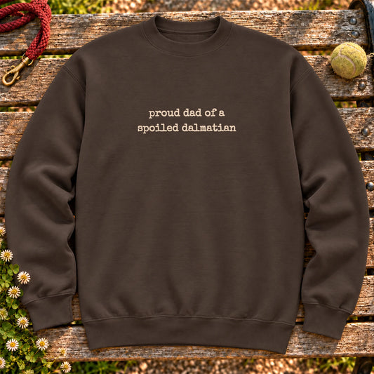 Proud Dalmatian Dad design on a Dark Chocolate crewneck sweatshirt, shown flat