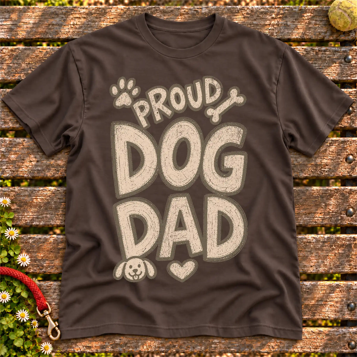 Proud Dog Dad on a Dark Chocolate T-shirt, shown flat