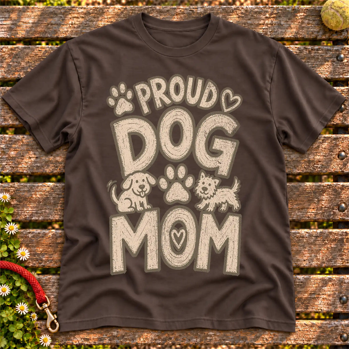 Proud Dog Mom on a Dark Chocolate T-shirt, shown flat