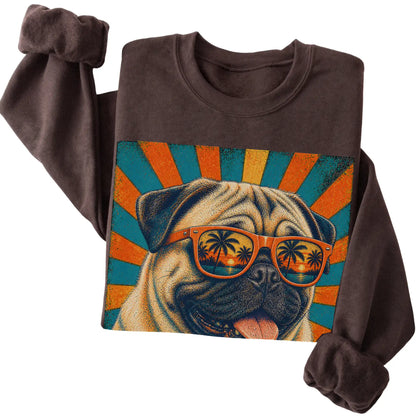 Folded Dark Chocolate crewneck sweatshirt with a Retro Pug Dad design