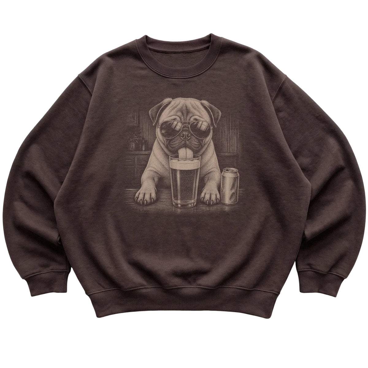 Dark Chocolate Pug drinking from a pint at a bar, laid flat