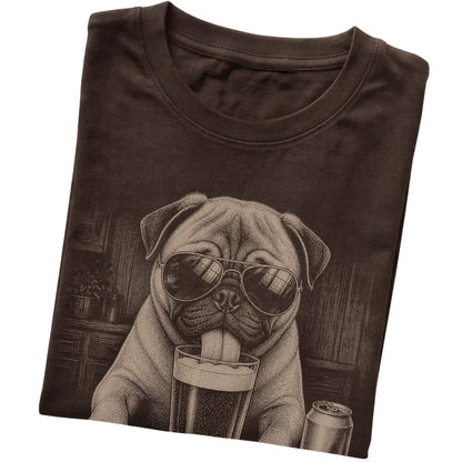 Dark Chocolate Pug drinking from a pint at a bar, folded detail view