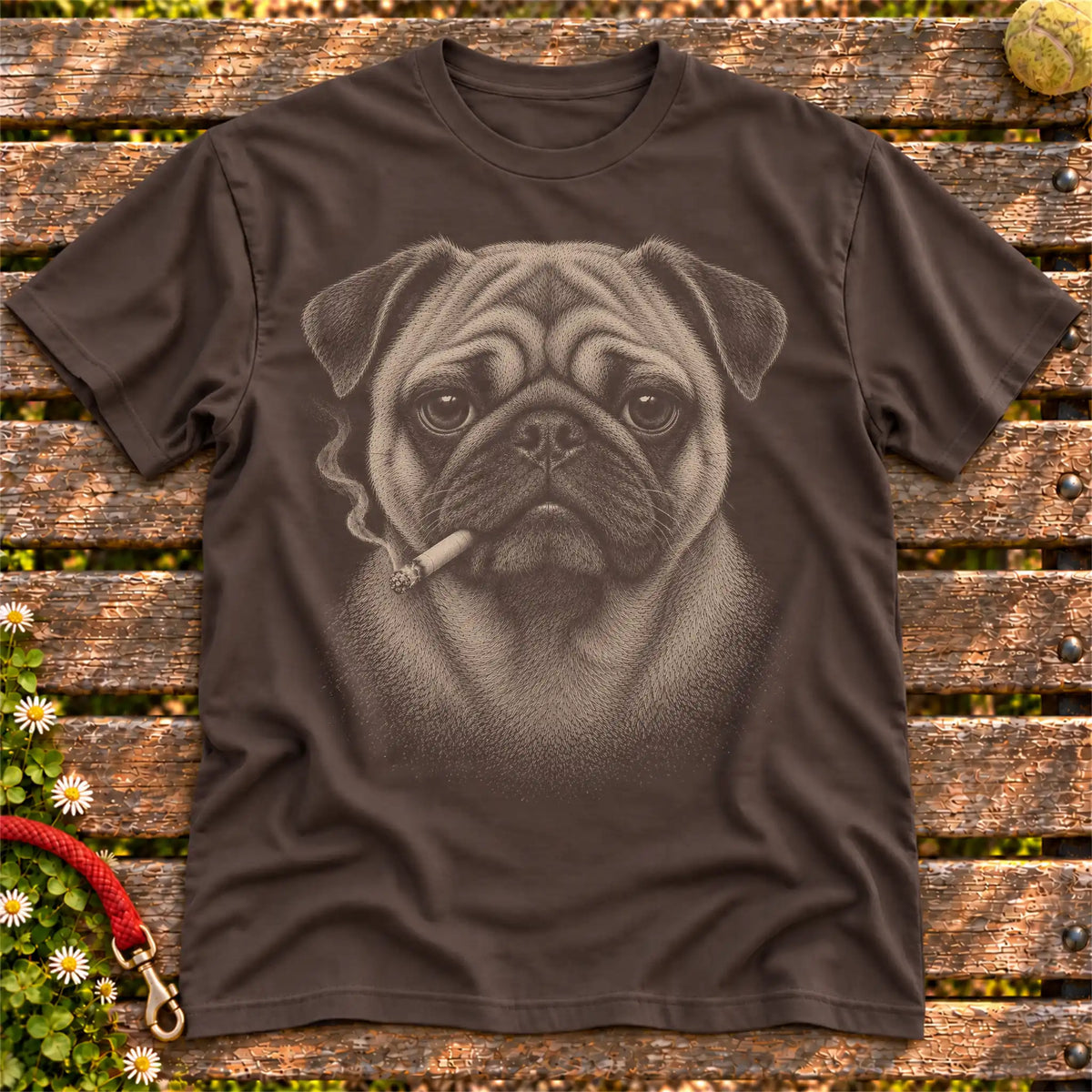Pug smoking design on a Dark Chocolate t-shirt