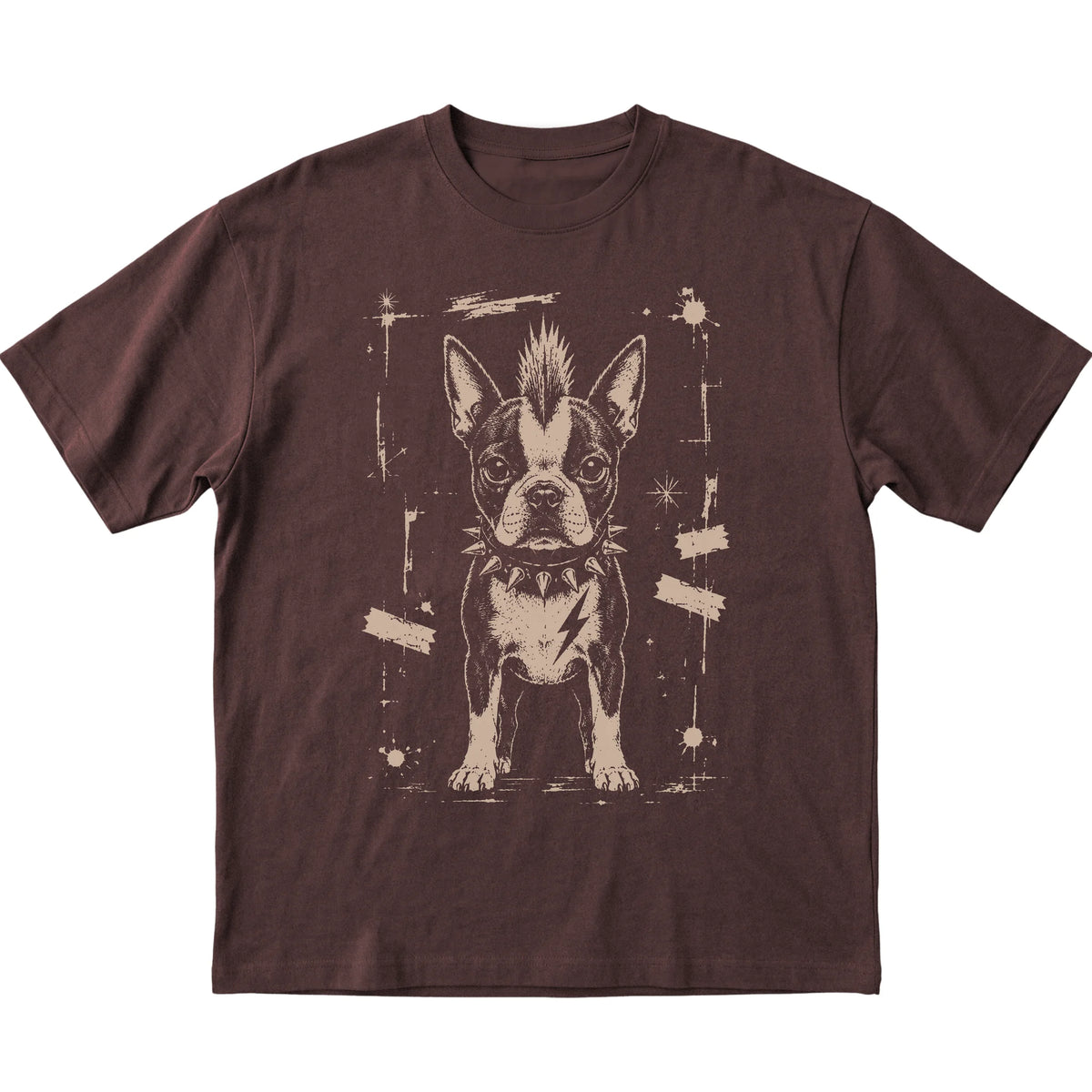Dark Chocolate Punk Rock Boston Terrier T-shirt, flat view