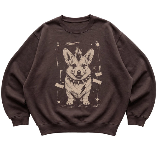 Dark Chocolate Punk Rock Corgi sweatshirt, flat view