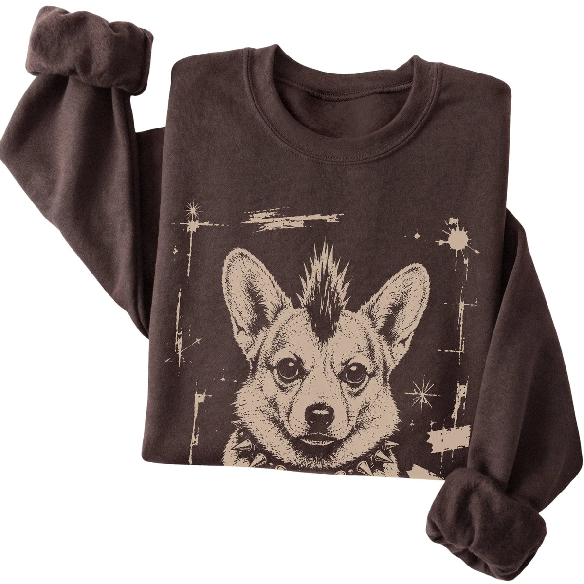 Dark Chocolate Punk Rock Corgi sweatshirt, folded view