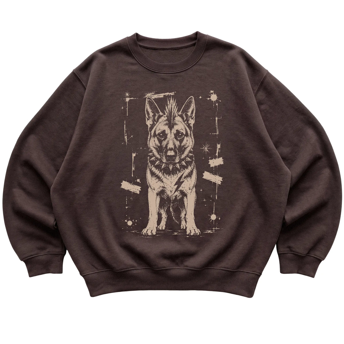Dark Chocolate Punk Rock German Shepherd sweatshirt, flat view