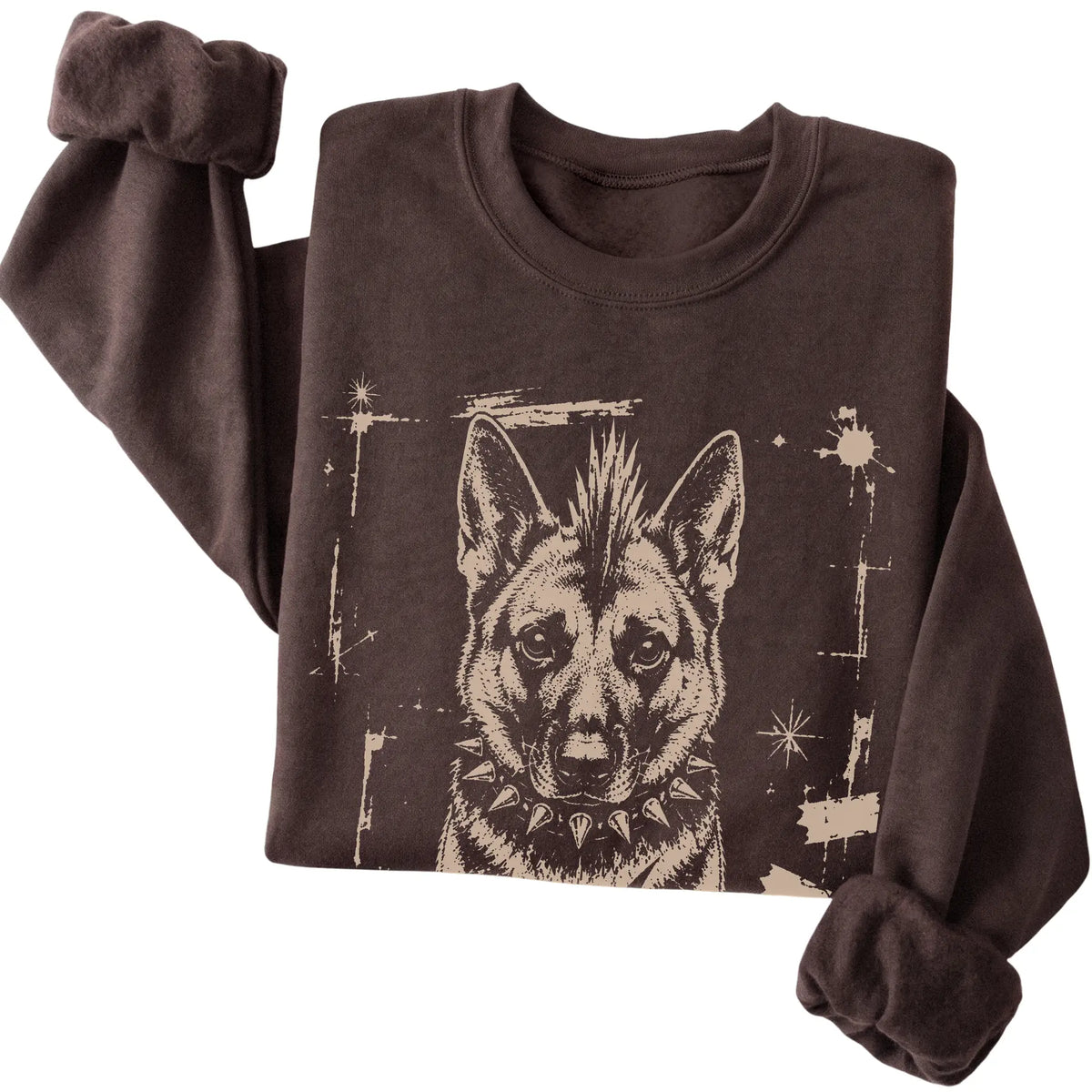 Dark Chocolate Punk Rock German Shepherd sweatshirt, folded view