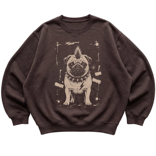 Dark Chocolate Punk Rock Pug sweatshirt, flat view