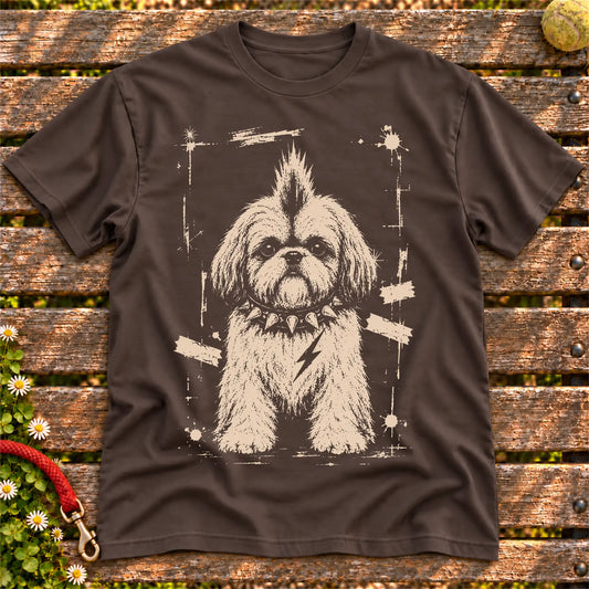 Shih Tzu Punk Rock design on a Dark Chocolate T-shirt shown flat