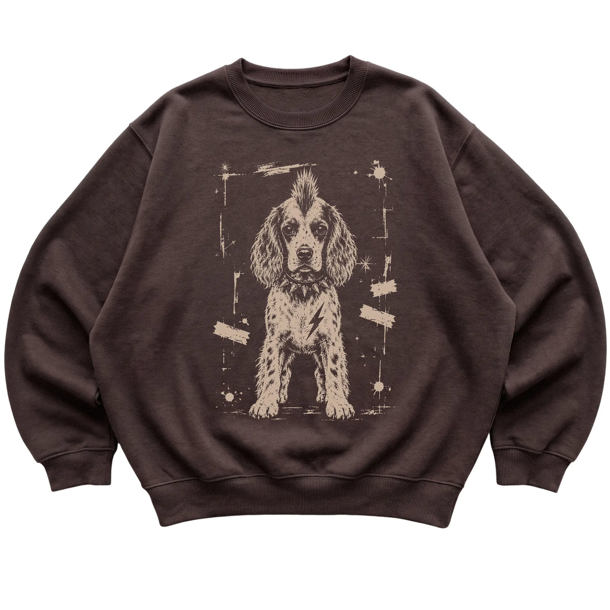 Dark Chocolate Punk Rock Springer Spaniel sweatshirt, flat view