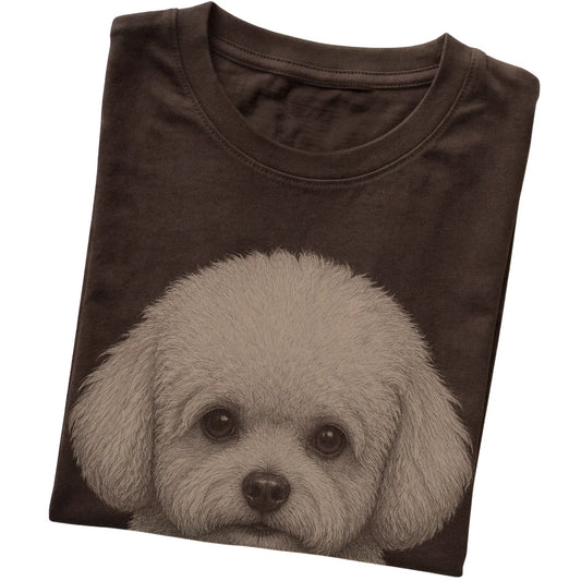 Dark Chocolate Realistic Drawing Bichon Frise T-shirt, folded view