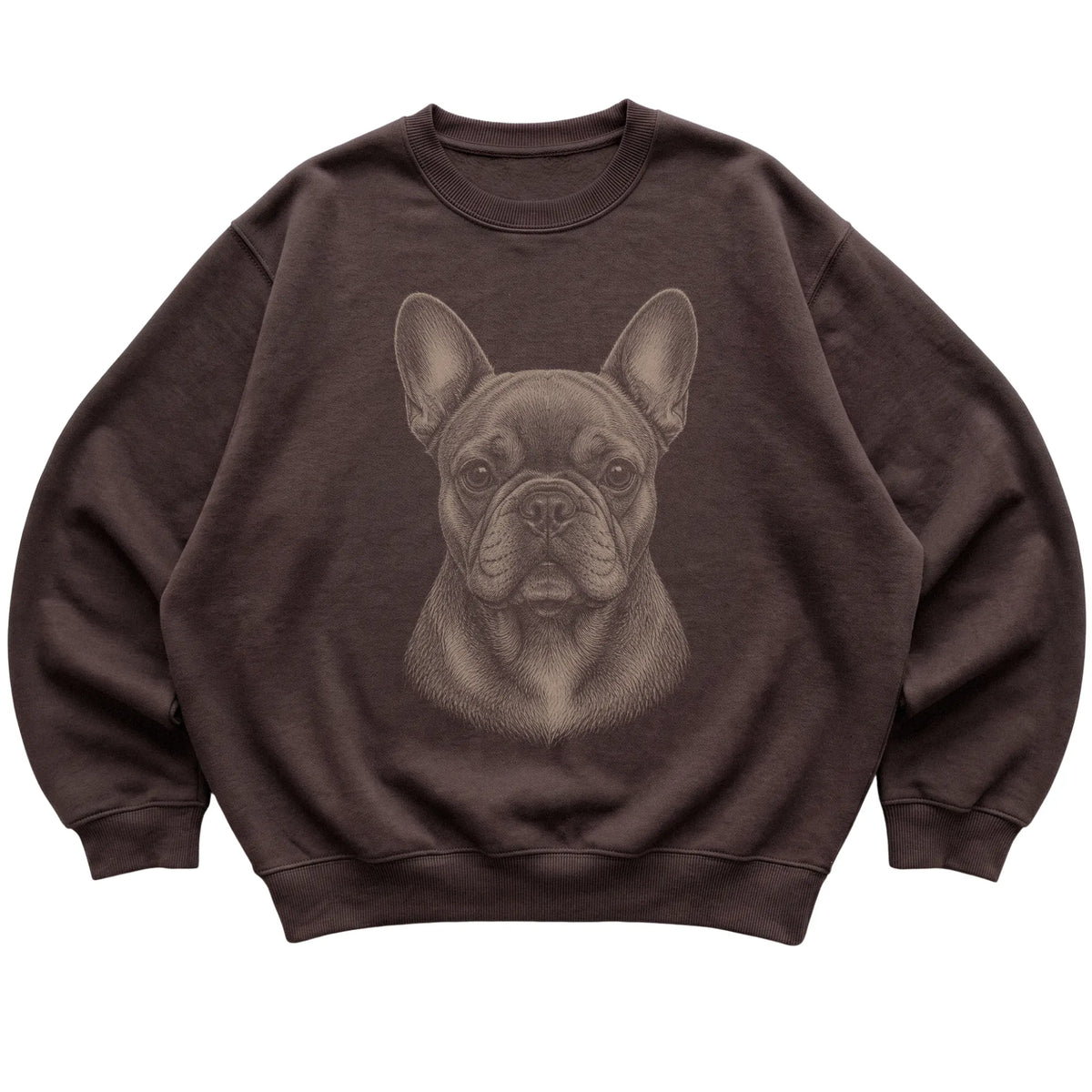 Dark Chocolate Realistic Drawing French Bulldog sweatshirt, flat view