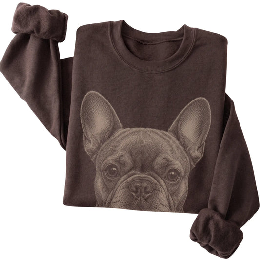 Dark Chocolate Realistic Drawing French Bulldog sweatshirt, folded view