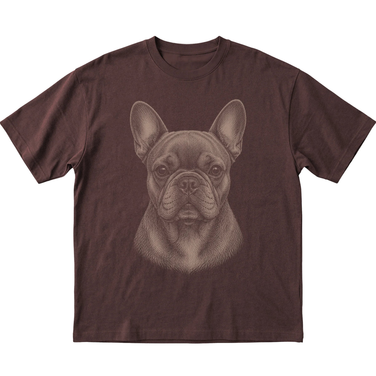 Dark Chocolate Realistic Drawing French Bulldog T-shirt, flat view