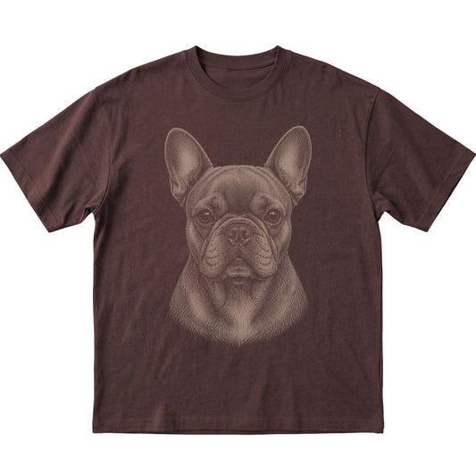 Dark Chocolate Realistic Drawing French Bulldog T-shirt, flat view