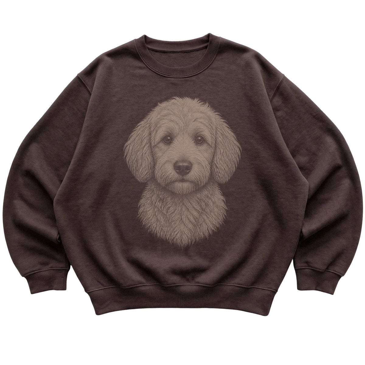 Dark Chocolate Realistic Drawing Goldendoodle sweatshirt, flat view
