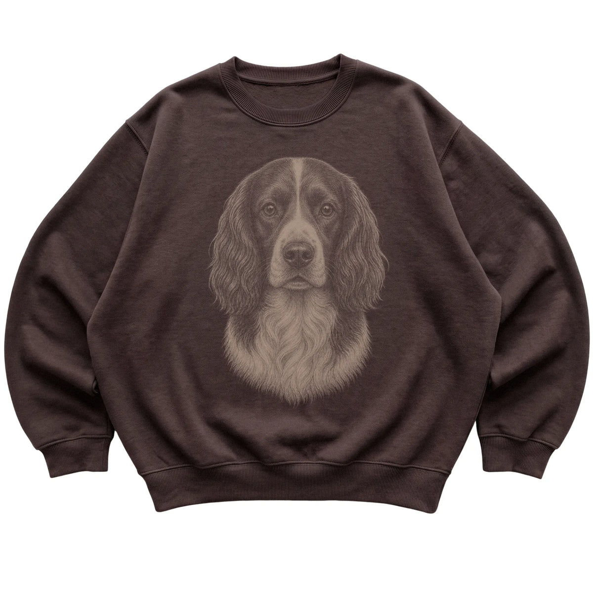 Dark Chocolate Realistic Drawing Springer Spaniel sweatshirt, flat view