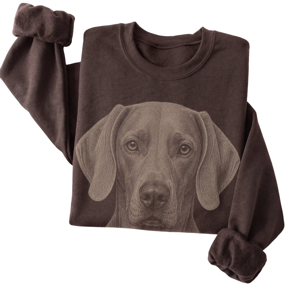 Dark Chocolate Realistic Drawing Weimaraner sweatshirt, folded view