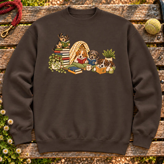 Four rescue puppies reading in a cozy room on Dark Chocolate sweatshirt