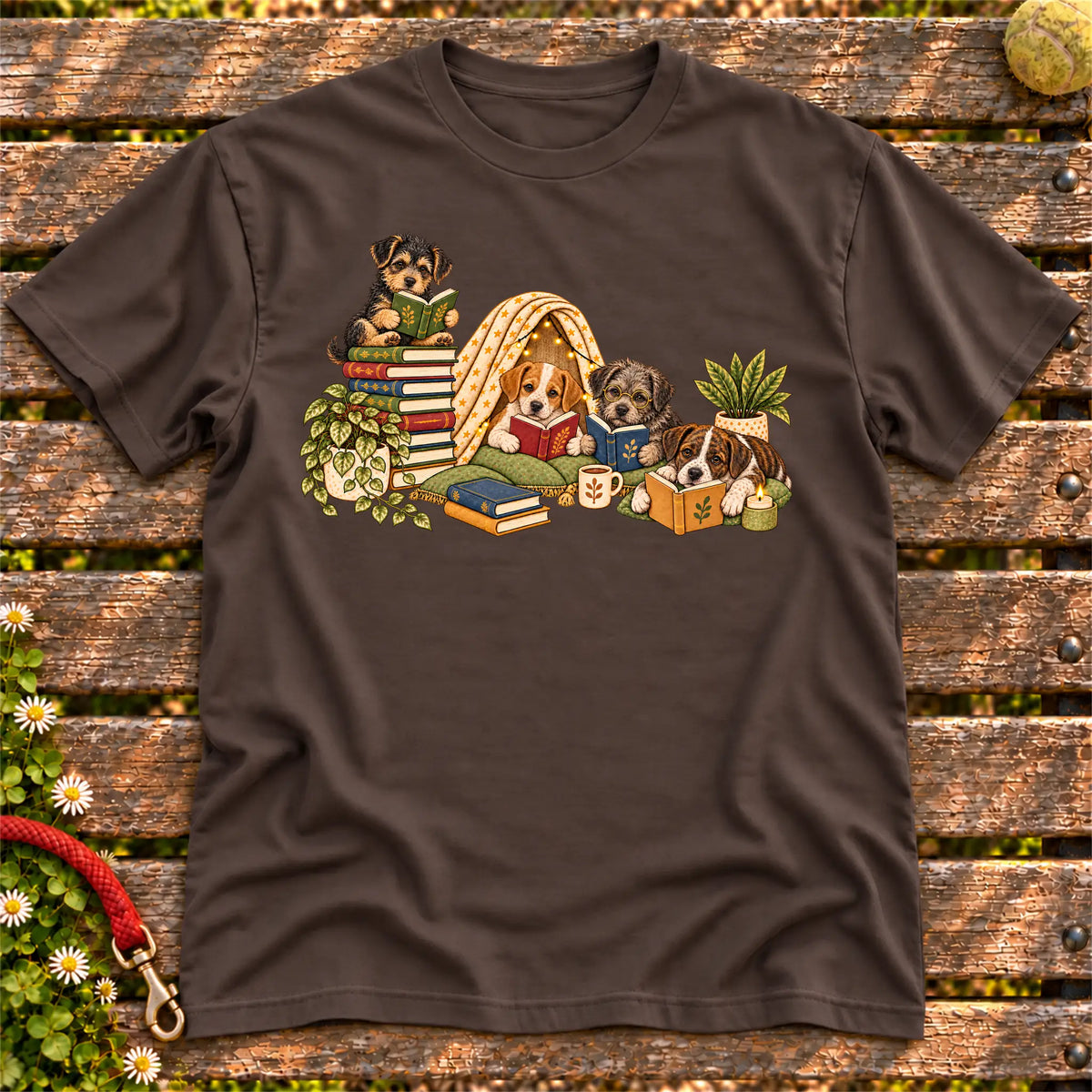 Four rescue puppies reading in a cozy room on Dark Chocolate T-shirt