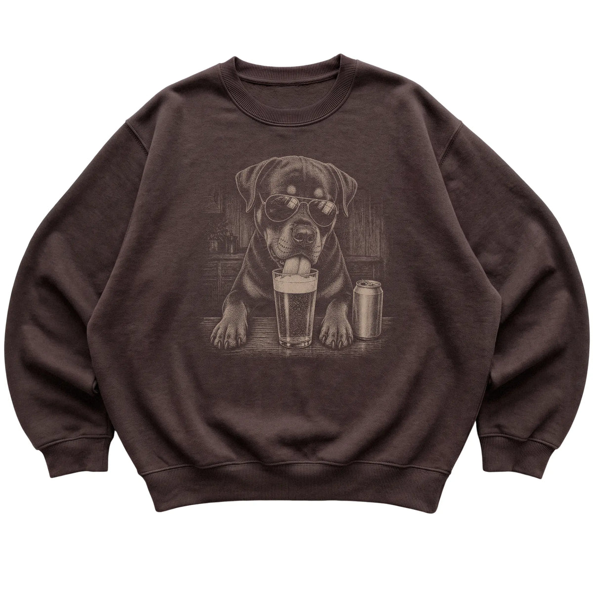 Dark Chocolate Rottweiler drinking from a pint at a bar, laid flat