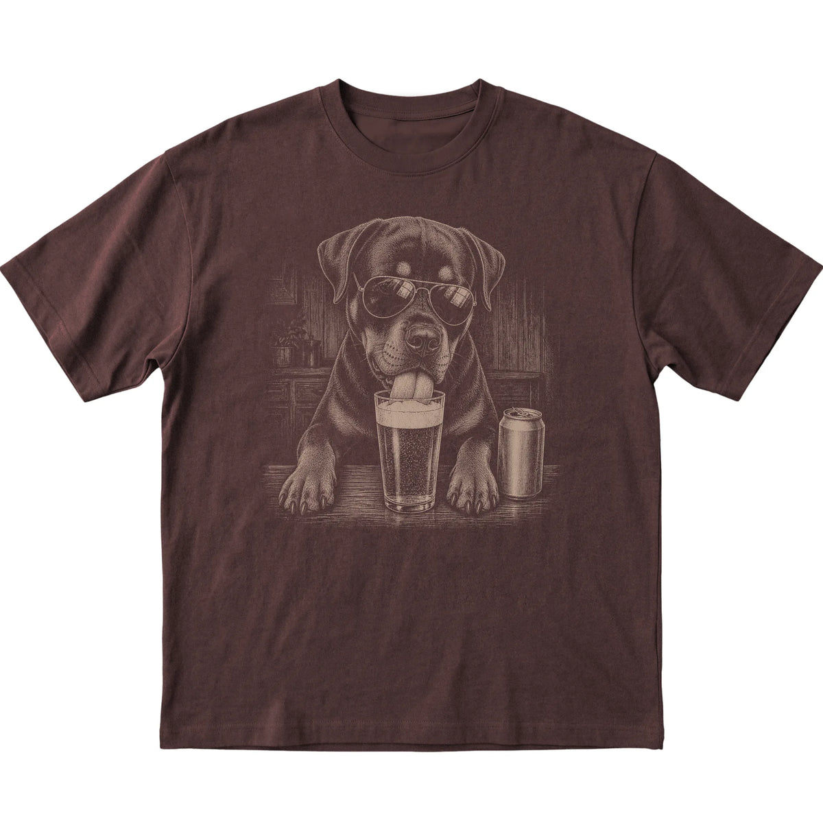 Dark Chocolate Rottweiler drinking from a pint at a bar, laid flat